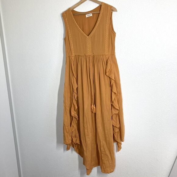 Talisman Dress Womens Small Mustard Yellow Boho Maxi Sleeveless Ruffle Tassel - Picture 1 of 16